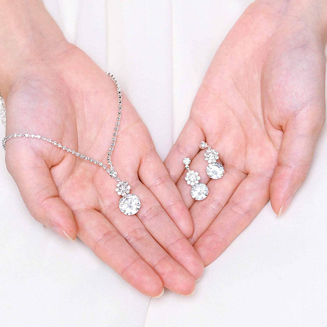 Aukmla Bride Wedding Necklace Earrings Set Silver Rhinestones Necklaces Bridal Crystal Jewelry Accessories for Women and Girls (Set of 3) - Image 4